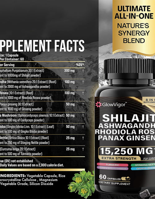 Load image into Gallery viewer, GlowVigor Shilajit 9000 Panax Ginseng 1500MG Ashwagandha 2000MG Rhodiola Rosea 999MG, Turmeric 500MG, Gingko Biloba 500MG, Stinging Nettle 250MG
