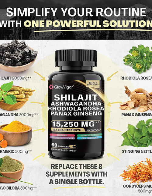 Load image into Gallery viewer, GlowVigor Shilajit 9000 Panax Ginseng 1500MG Ashwagandha 2000MG Rhodiola Rosea 999MG, Turmeric 500MG, Gingko Biloba 500MG, Stinging Nettle 250MG
