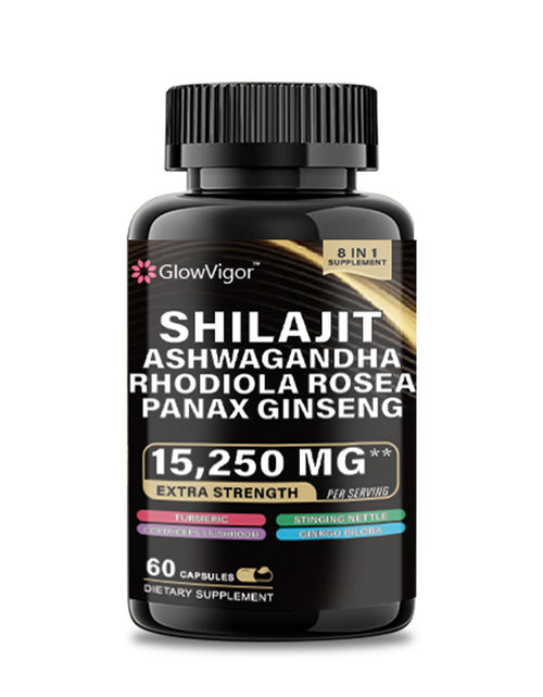 Load image into Gallery viewer, GlowVigor Shilajit 9000 Panax Ginseng 1500MG Ashwagandha 2000MG Rhodiola Rosea 999MG, Turmeric 500MG, Gingko Biloba 500MG, Stinging Nettle 250MG
