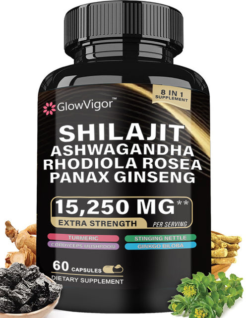 Load image into Gallery viewer, GlowVigor Shilajit 9000 Panax Ginseng 1500MG Ashwagandha 2000MG Rhodiola Rosea 999MG, Turmeric 500MG, Gingko Biloba 500MG, Stinging Nettle 250MG
